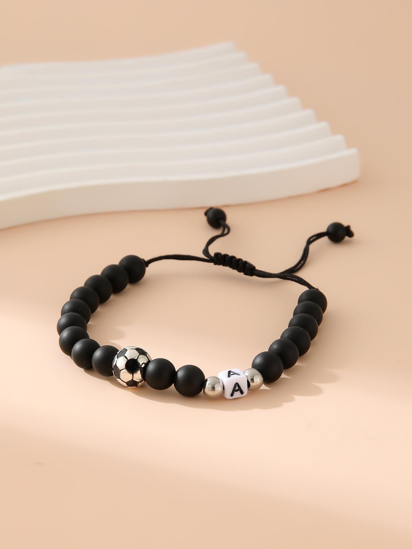 

Matte Black Soccer Alphabet Adjustable Beaded Bracelet Unisex Sport Wristband Jewelry