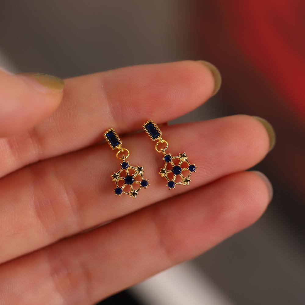 

S925 Sterling Silver Snowflake Earrings With Blue Zircon Simple Retro Earrings for Women Gold