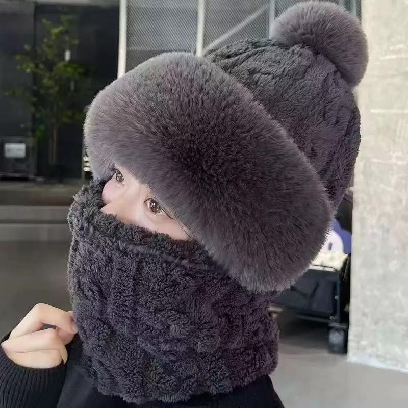 Knitted hat scarf mask integrated hat women's winter cycling windproof plush warm wool hat