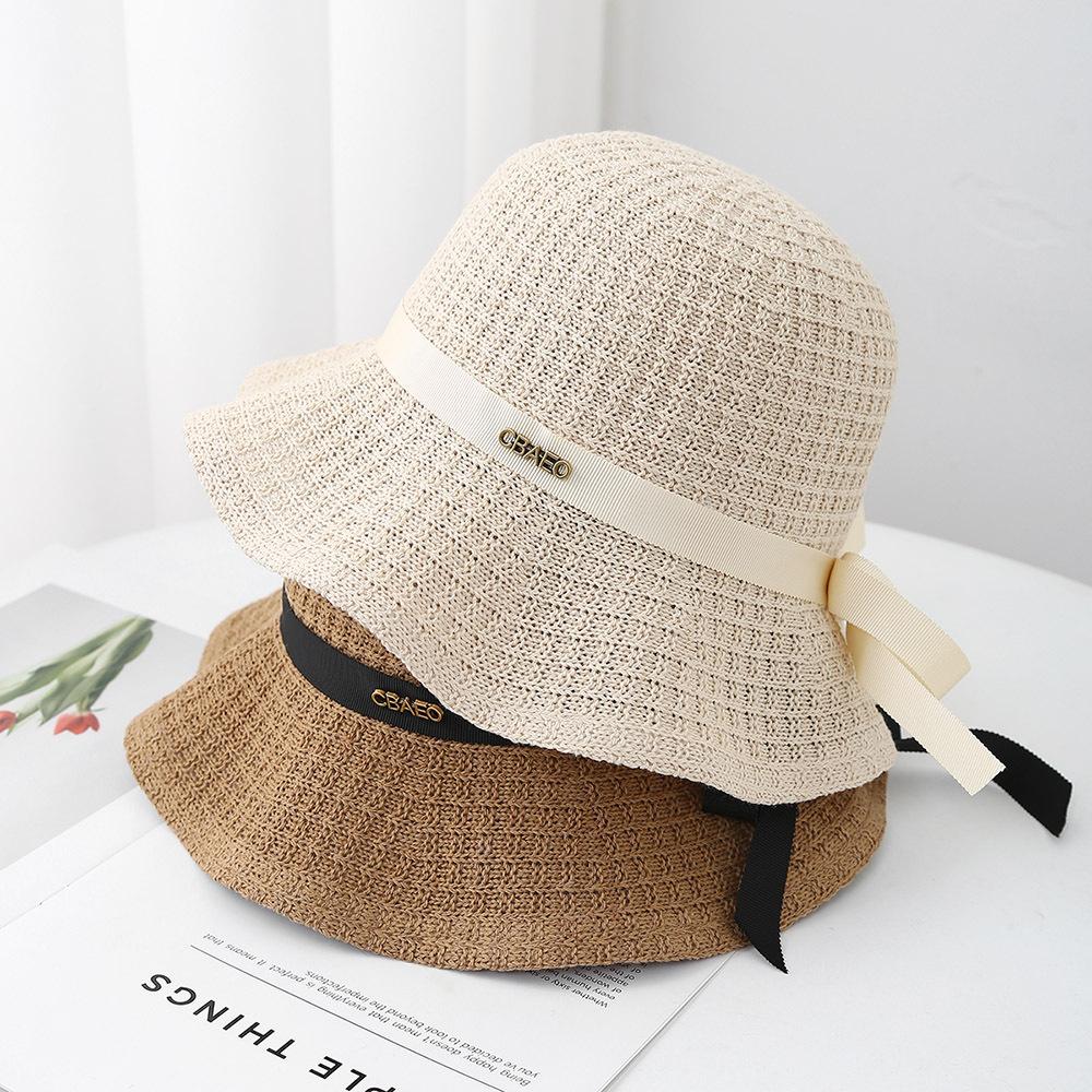 New sunshade basin hat women's bow knitted hollow breathable bucket hat outdoor leisure travel sun hat