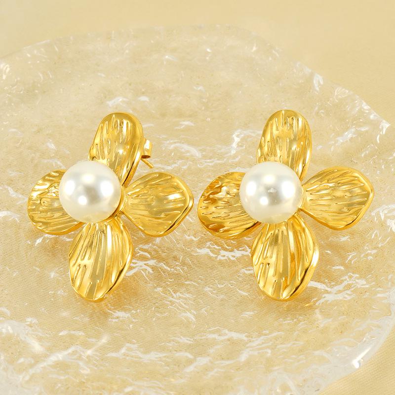 French Retro Pearl & Gold Petal Stainless Steel Earrings for Women - European & American Style