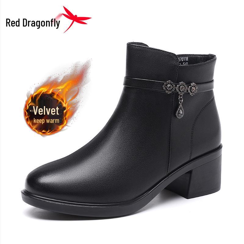 Red Dragonfly Women s High-Heeled Mid-Calf Winter Boots - Genuine Leather with Warm Velvet Lining 37