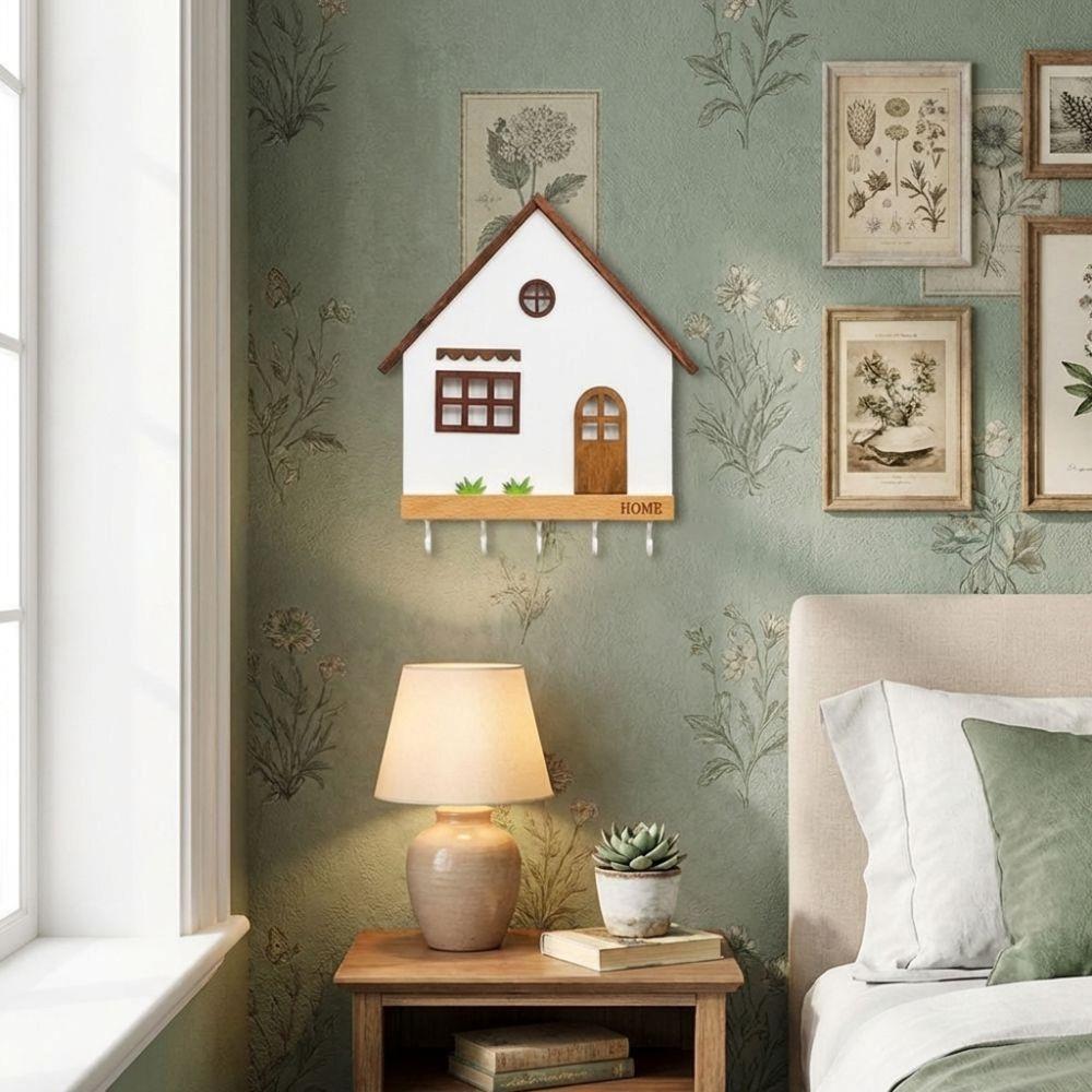 Dekorativní háčky ve tvaru domečku Dřevěný držák na klíče Umělecký design Nástěnný držák na klíče Obývací pokoj