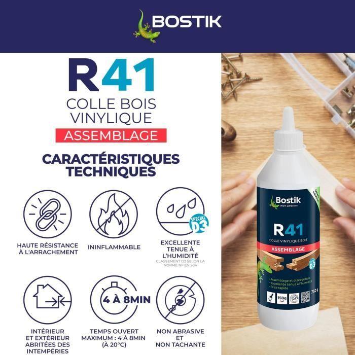 Colle Bois - BOSTIK - R41 - Spéciale D3 - Prise Rapide - Résistante à l'Humidité - 750 g