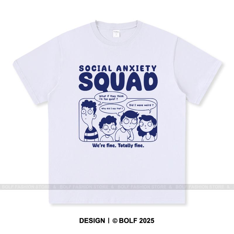 Women's Social Anxiety Squad Printed T-Shirt 100% Cotton Oversized Relatable Graphic Tees for Men Summer Tops Mood Streetwear