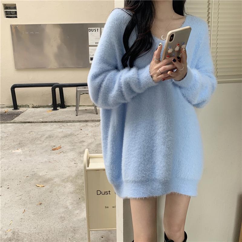 Women's Imitation Mink V-Neck Sweater - Spring & Autumn Korean Sweet Lazy Style, Soft & Plus Size Knitted Sweater