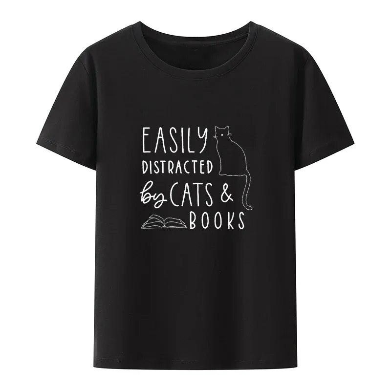 Streetwear Easily Distracted Cats And Books Funny Gift For Cat Lovers Cotton T-Shirt Breathable Slim Comics Cool De Mujer Pair