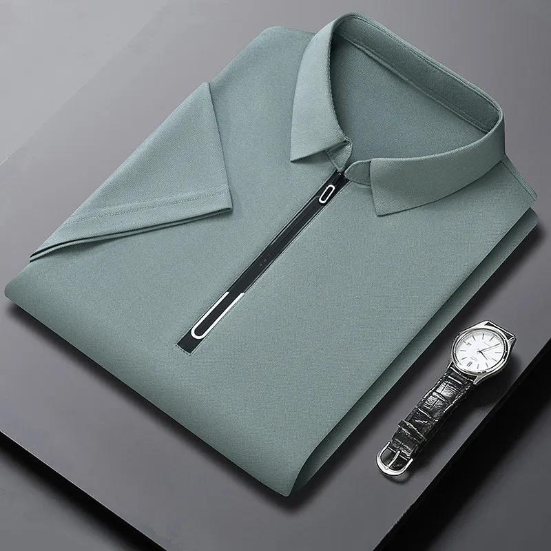 New Men's Business Casual Zipper Short Sleeve Solid Color Polo Shirt Fashionable Warm Comfortable Four Seasons Versatile Top