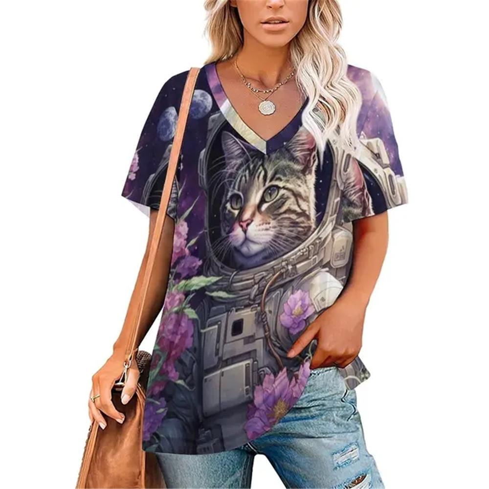 Sexy Katze Blumenmuster V-Ausschnitt Vintage T-Shirt Teenager T-Shirts Unisex Kleidung Vintage Streetwear Alltagsstil Mode Streetwear Y2k Tops