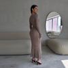 Women Elegant Solid Slim Long Sleeve Ribbed Knitted Dresses Autumn Winter Casual Basic V-neck Warm Sweater Dress