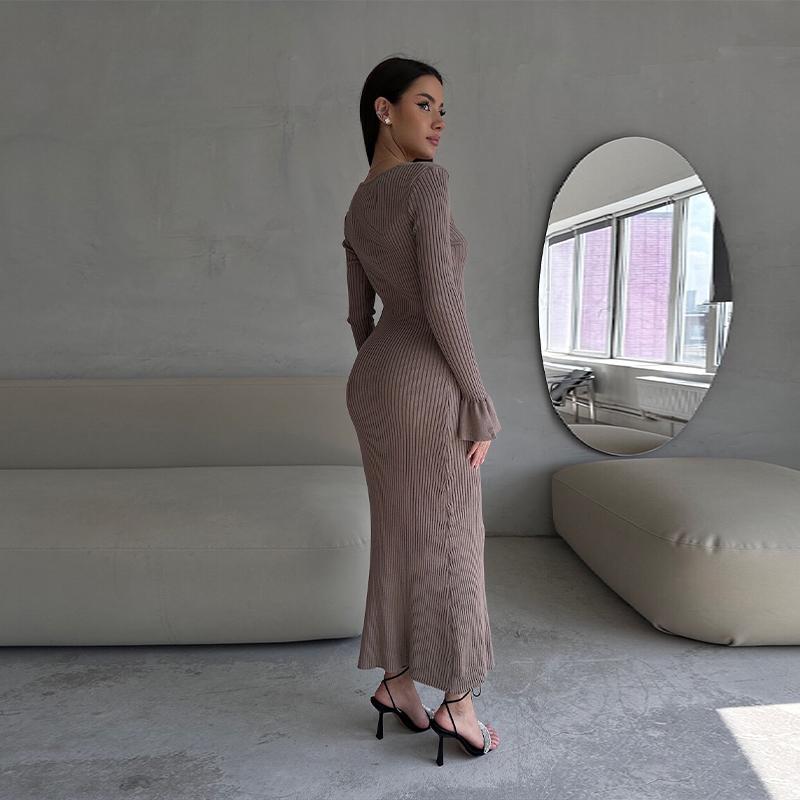 Women Elegant Solid Slim Long Sleeve Ribbed Knitted Dresses Autumn Winter Casual Basic V-neck Warm Sweater Dress