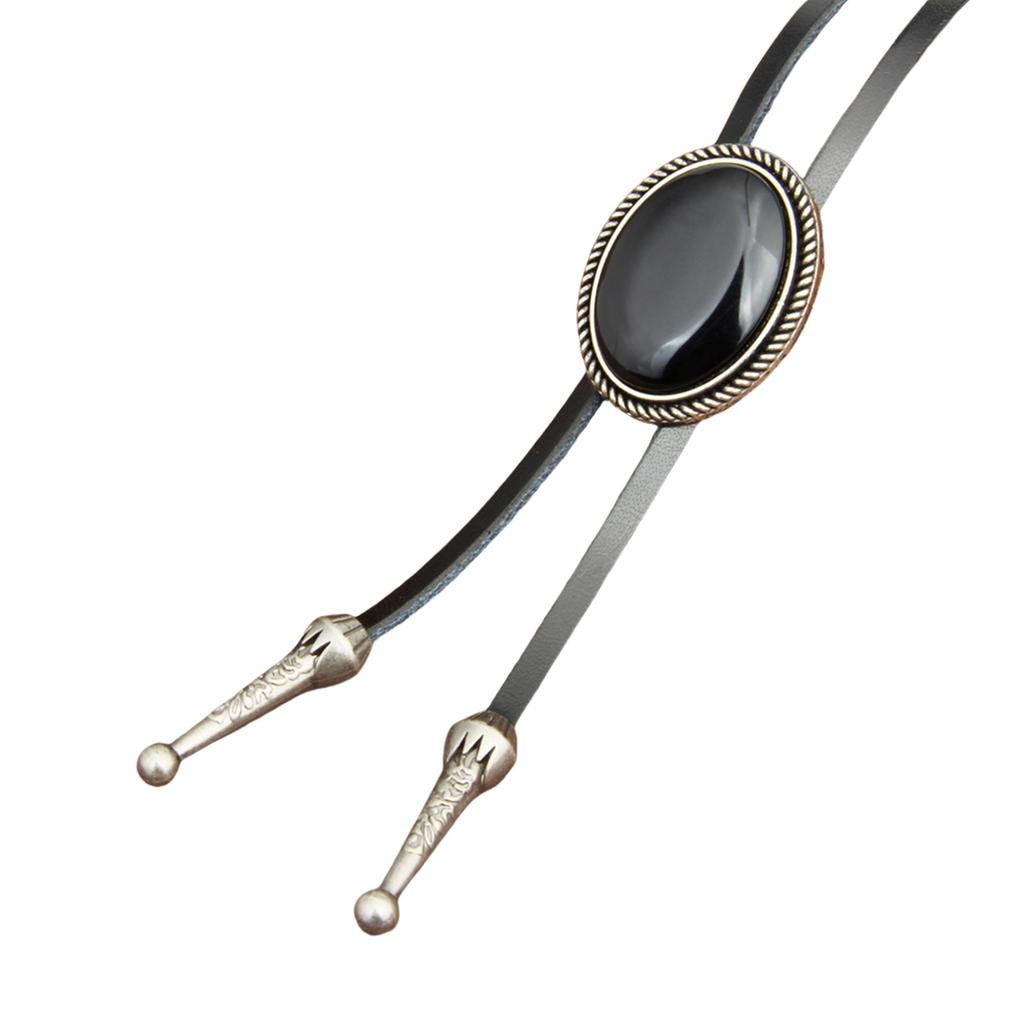 Unisex Vintage Oval Shape Stone Pendant Bolo Tie Western Faux Leather Rope Necktie Jewelry Shirt Collar Chain Necklace