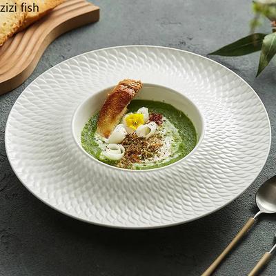 Relief Fish Scale Texture Deep Plate Ceramic Straw Hat Plate Thick Soup Bowl Salad Dish Pasta Bowl Artistic Conception Tableware