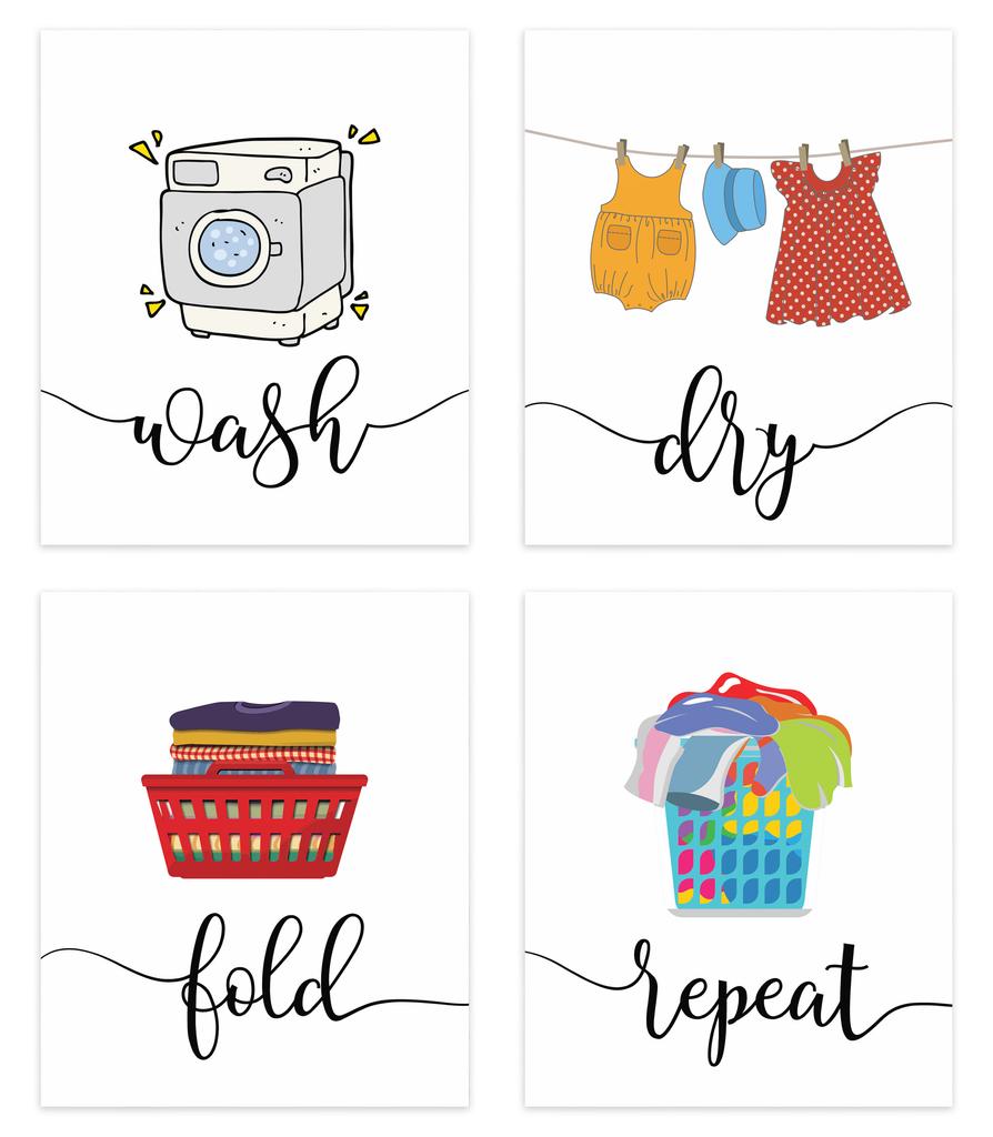 Inkdotpot 4 Piece Laundry Poster for Laundry Room Decor Wash Dry Fold Repeat , Laundry Room Posters Wall Art