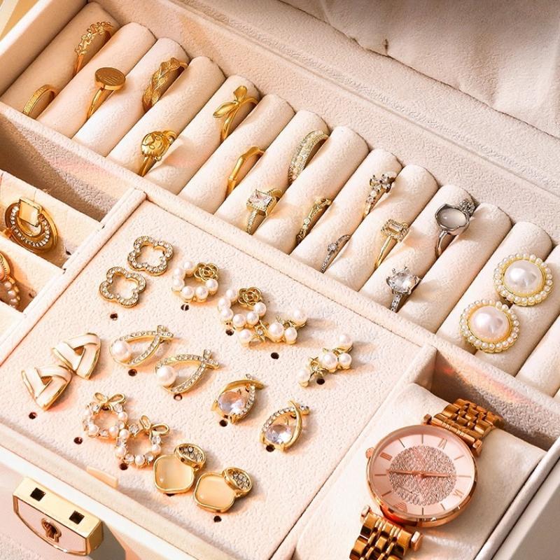 Luxury Three-Layer Jewelry Storage Box Vintage Flip PU Case High-End Ring Earring Necklace Organizer with Removable Dividers