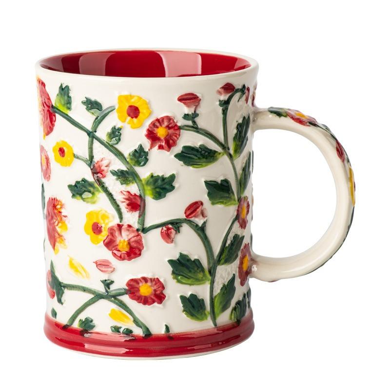 Bohemian Style Raised Floral Mug, Large Capacity Colorful Flower Tea Cup with Handle,3D Embossed Floral Ceramic Mug