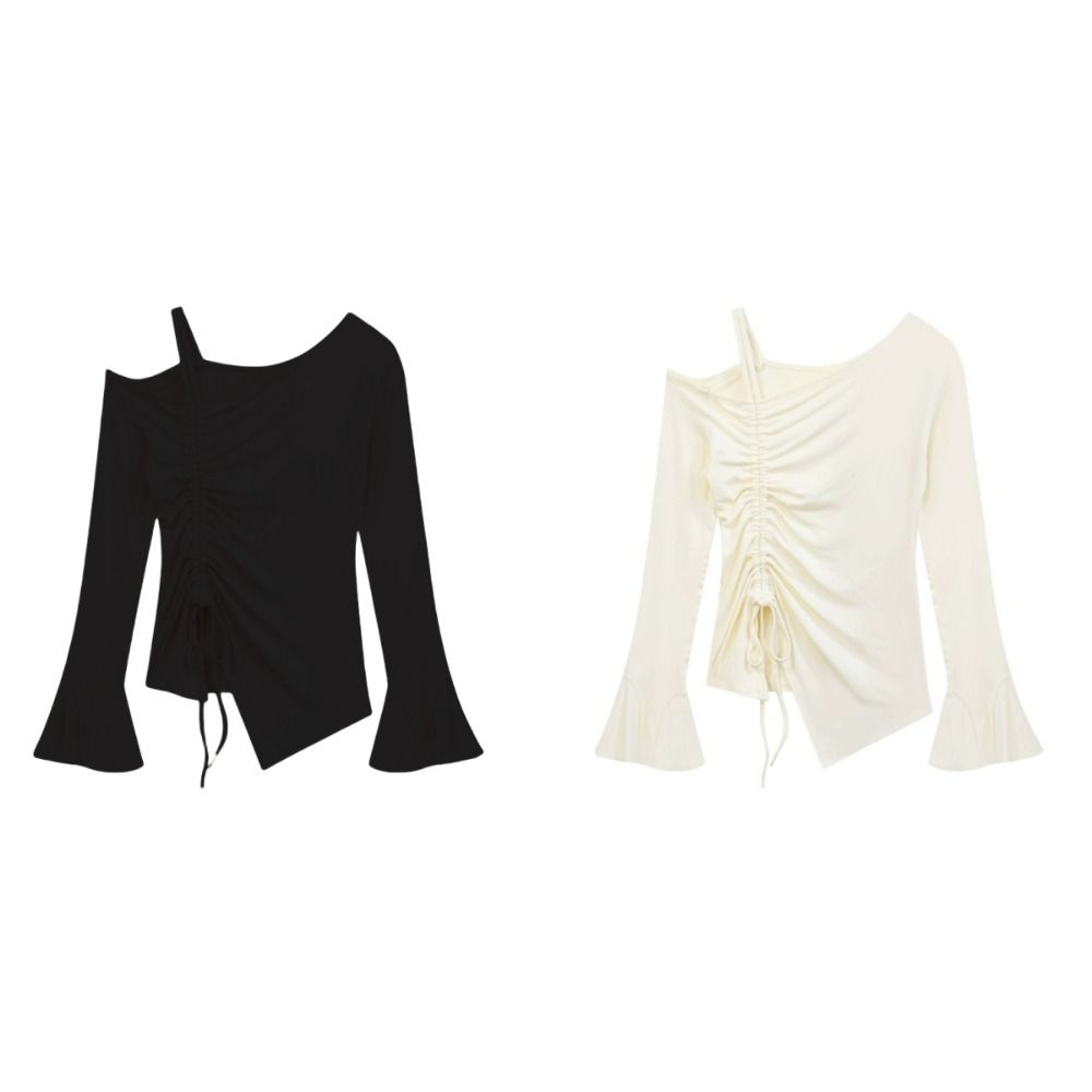 Drawstring Off Shoulder Top Slim Slanted Shoulder Top Sweet Long Sleeve Crop Top Summer