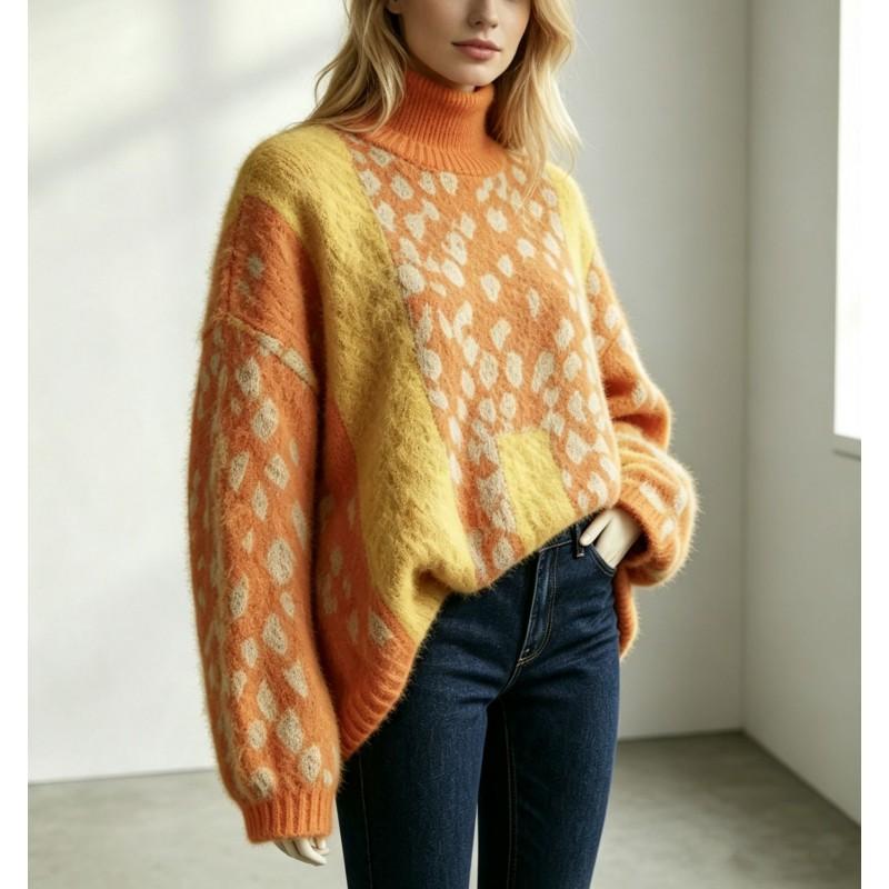 Damen Oversize Leopard Muster Strickpullover Lockerer Sitz Hoher Kragen Langarm Herbst Winter Oberteil