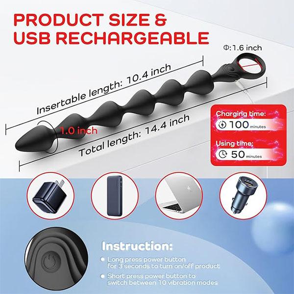 14.4 Inch Ultra-Soft Liquid Silicone Vibrating, Rechargeable Long & Flexible Vibrating Prostate Massager 10 Vibration Modes Sex Toys for Men Women