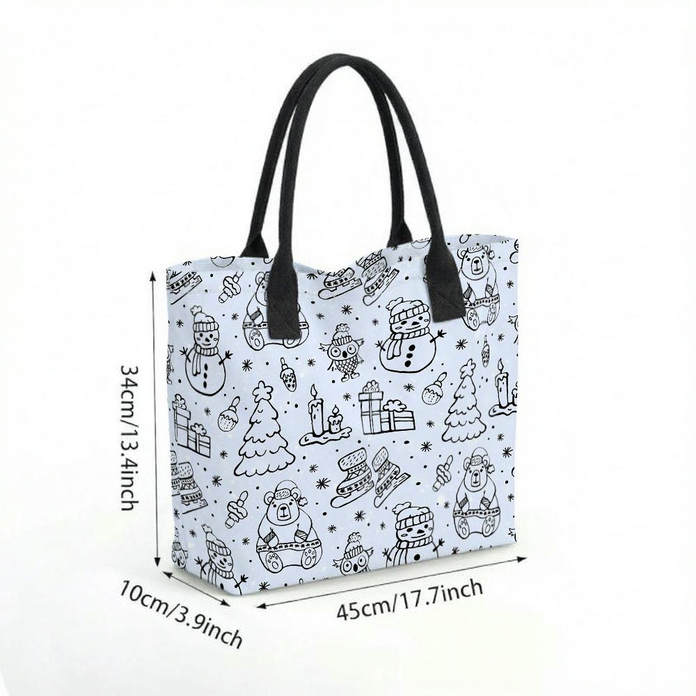Winter Cute Pattern Tote Bag Fashionable Lightweight Portable Daily Use Casual Canvas Handbag