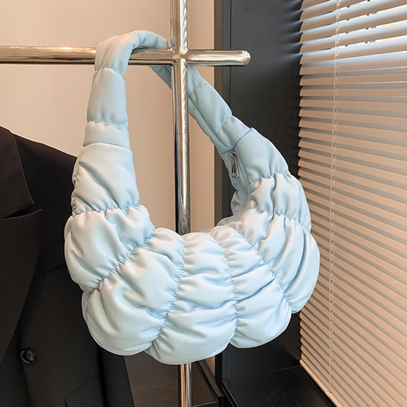 Quilted Padded Crossbody Bag for Women Ruched Shoulder Cloud Bag PU Leather Half Moon Hobo Bag Bubbles Handbag Purses AVE