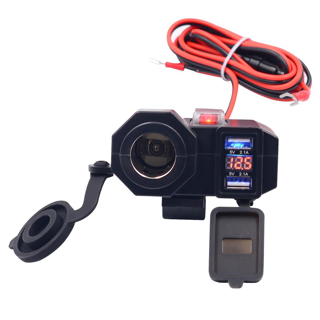 Motorrad Handy Ladegerät, Motorrad Steckdose Dual USB Schnellladebuchse mit Netzschalter, Abdeckung & LED Digital Voltmeter Taster für DC 12V Auto
