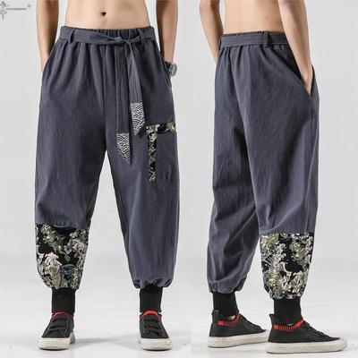 Men Cotton Linen Samurai Costume Ukiyo-e Print Belt Retro Harem Pants Haori Baggy Trousers Harajuku Hip Hop