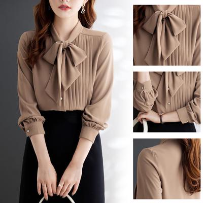 Women Shirt Stand Collar Lace-up Bowknot Long Sleeve Pleated Pullover Tops Solid Color