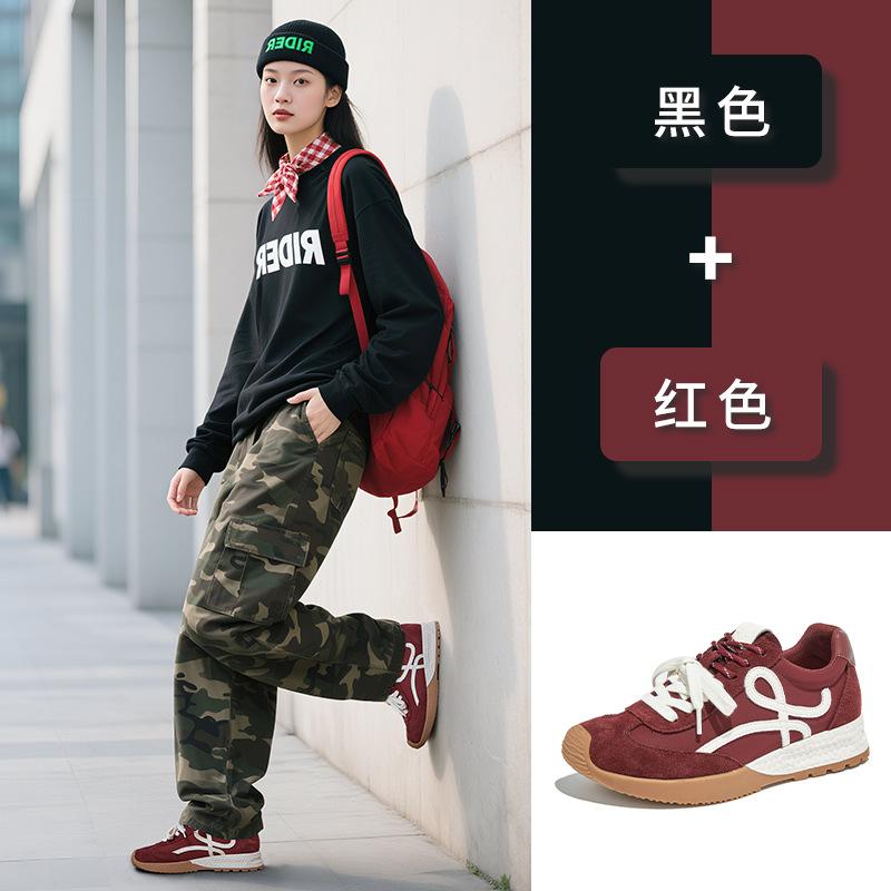New leather red training shoes women's shoes platform commuting versatile shoes women's 2025 autumn sports dad shoes women