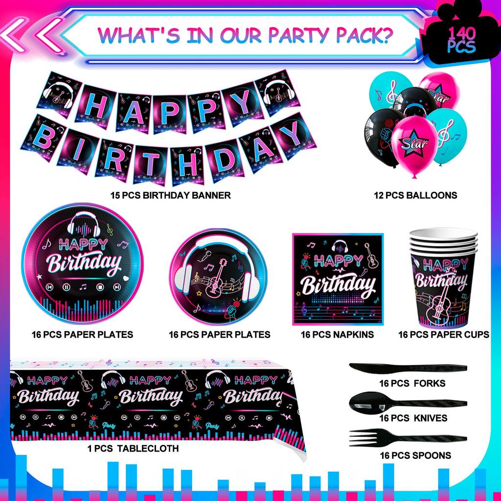 Music Party Decorations,140pcs Music Birthday Party Decorations Tableware-Music Balloons Plates Etc Music Theme Party Decor Supplies, for 16 Guests