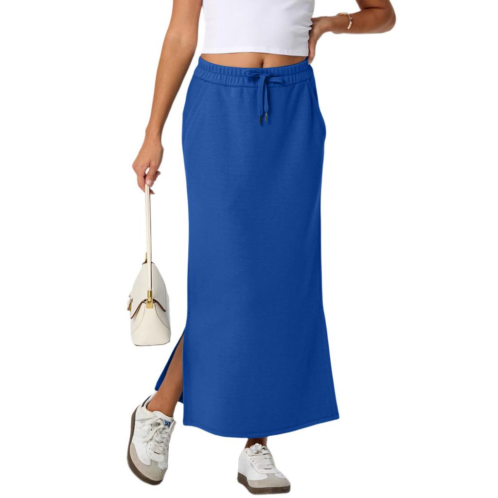 Damen Freizeit elastischer Bund Kordelzug langer gerader Rock mit seitlichem Schlitz weicher Strick Midi-Länge Lounge-Rock