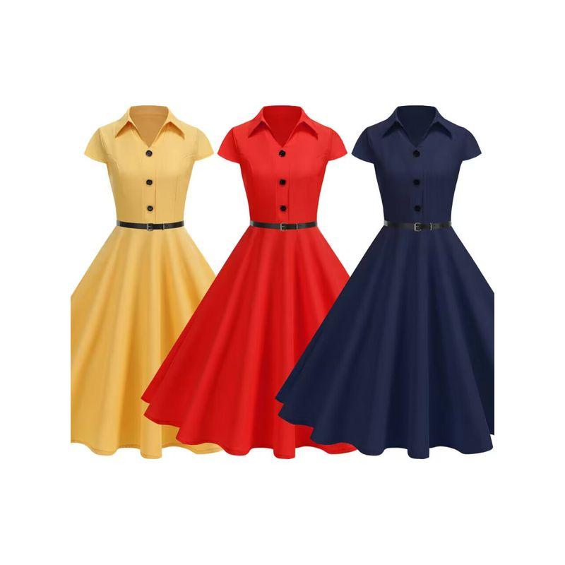 

Amazon Fashion Style Fashion Summer Elegant Hot Sale Pure Color Shirt Collar French Style Retro Hepburn Hong Kong Style Dress Red XL