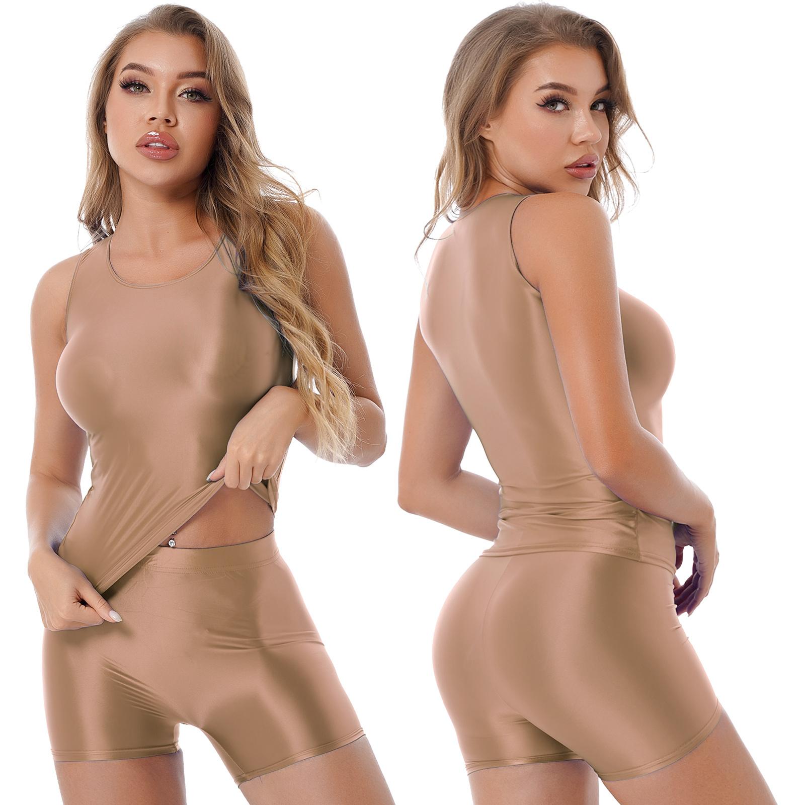 

Жіночий глянсовий гладкий спортивний одяг для йоги, комплект з двох предметів, купальник, одяг для сну, майка з шортами L кавовий