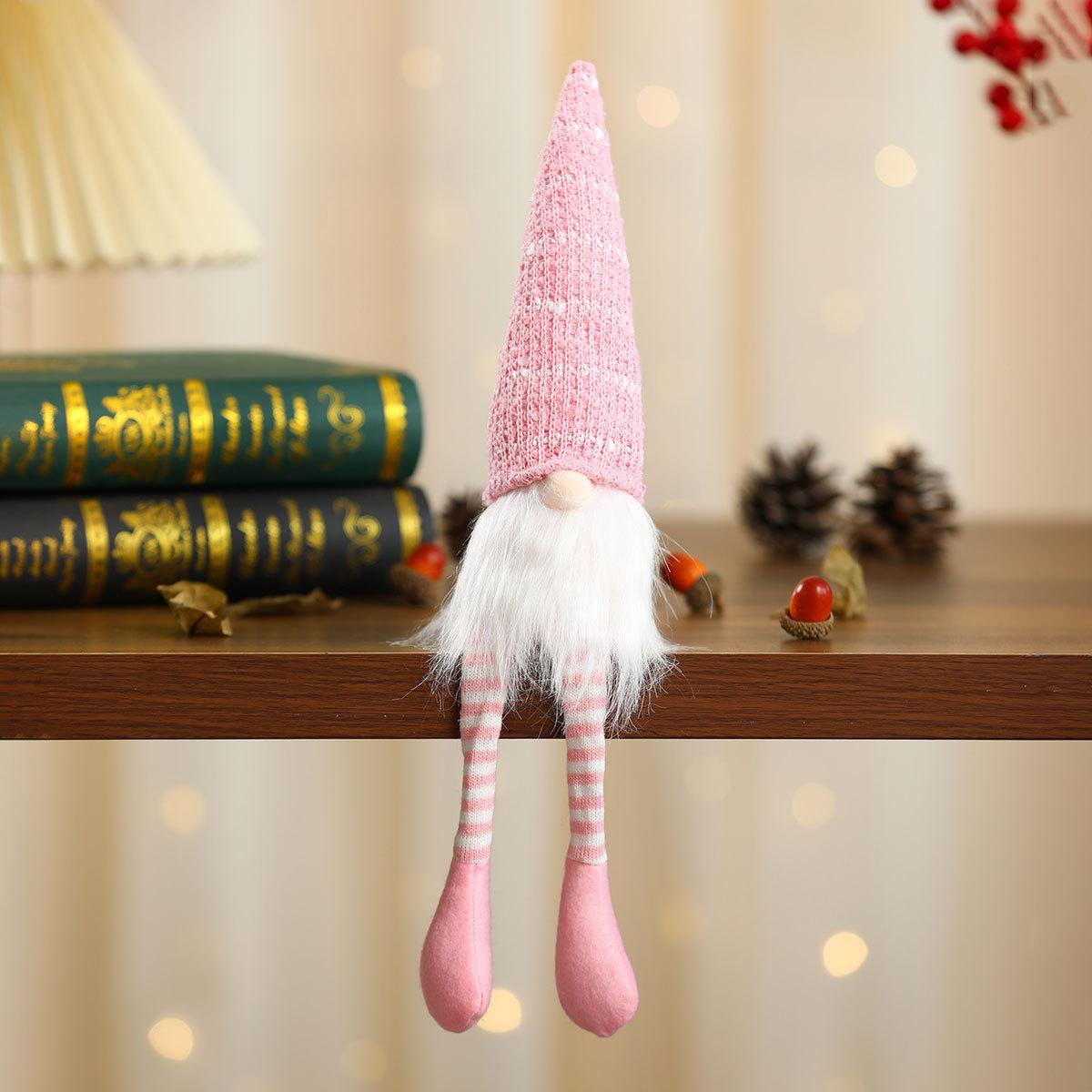 

Рождественский подарок в виде сидящей фигурки, украшение в виде полосатой вязаной шапки, кукла с длинными ногами Рудольф, домашний декор розовый