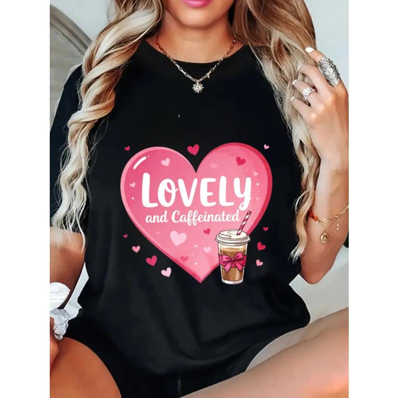 Oversized T Shirt Black Lovely And Caffeinated Heart Coffee Cup Print Casual Wear For Women Summer Outfit Trendy Graphic Tee