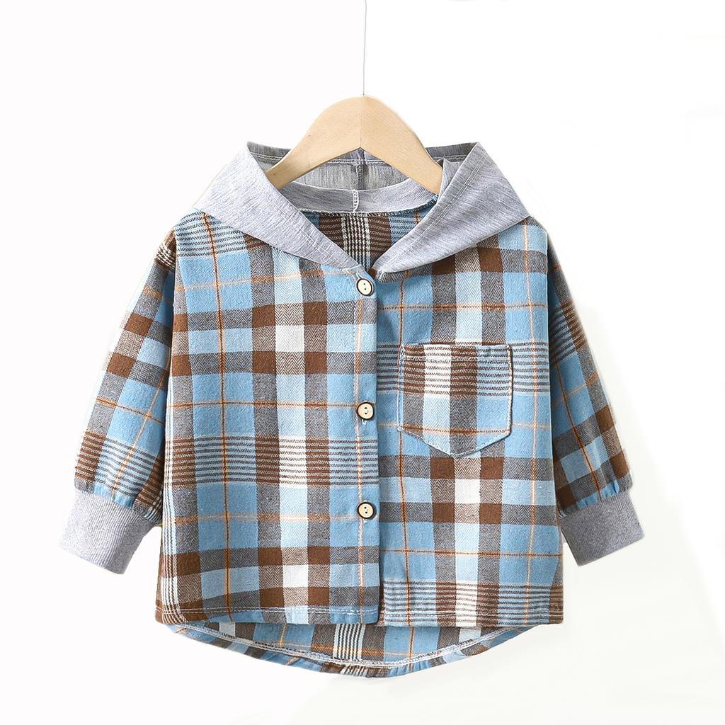 Plaid Hooded Kids Shirt Young Children’s Long Sleeve Blouse Boy Girl Casual Outerwear
