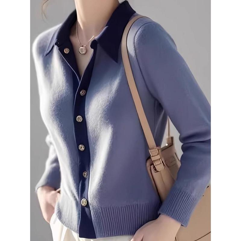 Autumn and Winter Blue Lapel Knitted Cardigan Women's Design Sense Good-looking Top