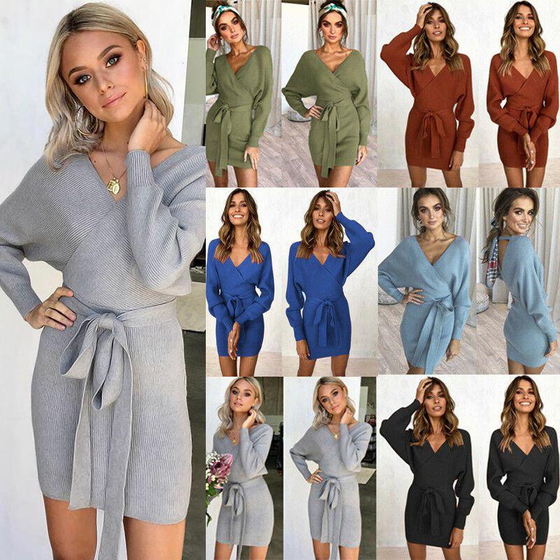 Elegant Women's V-neck Bodycon Jumper Dress With Long Sleeves And Tie Belt