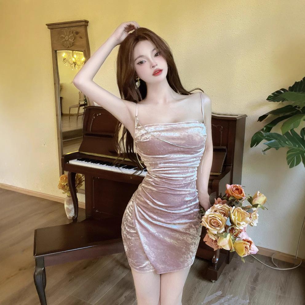 Temperament Golden Velvet Irregular Suspender Dress Nightclub Sexy Waist Pure Hip Wrap Bottom Dress
