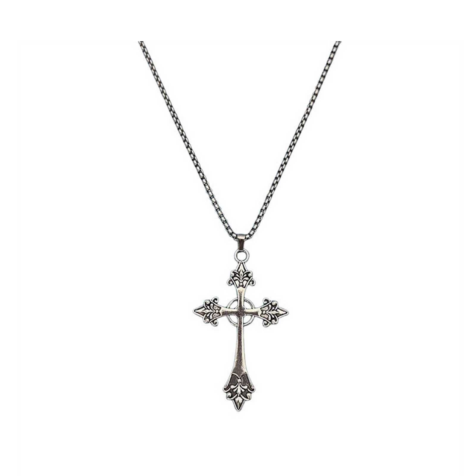 

Vintage Style Cross Pendant Necklace with Floral Engraving on Chain for Men and Women Durable Metal Religious Jewelry Accessory One Size