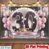 2D 30th Happy Birthday Photography Background, Purple Gold 30 Number Pink Balloon Party Decor Banner
