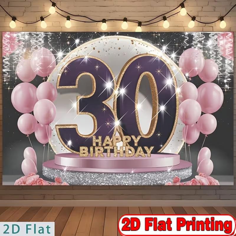 2D 30th Happy Birthday Photography Background, Purple Gold 30 Number Pink Balloon Party Decor Banner