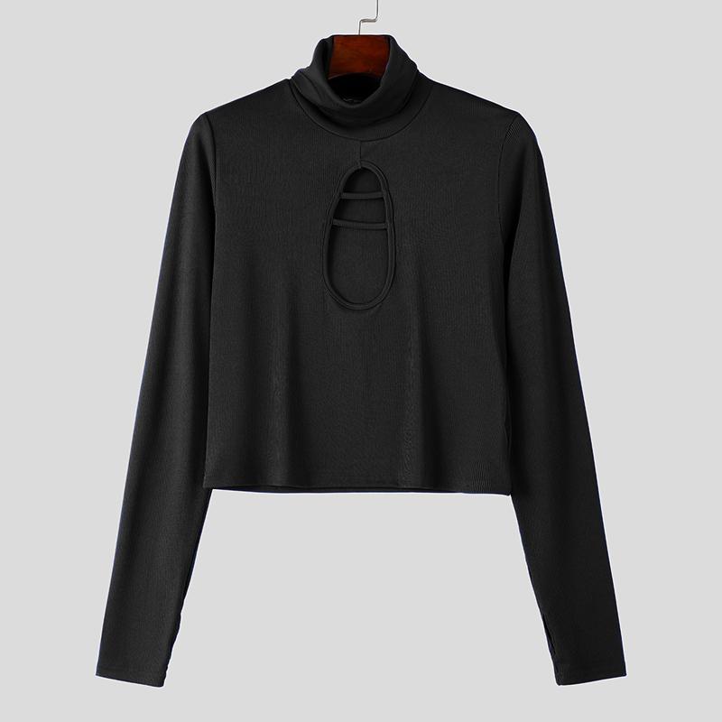 INCERUN Men High Neck Long Sleeve Fitted Tops Casual Slim Cutout Undershirts