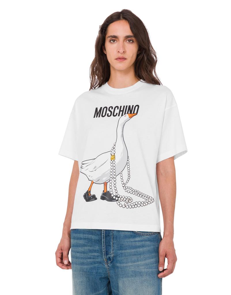 MOSCHINO Goose Pearl White Cotton Jersey T-Shirt