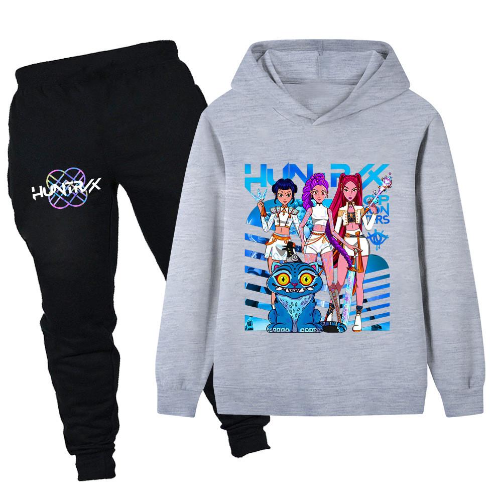 

PB1231 Kids Boys Girls Kpop Mira Zoey Rumi Print Long Sleeves Hoodie Pants Trousers Clothes Sets 170cm сірий