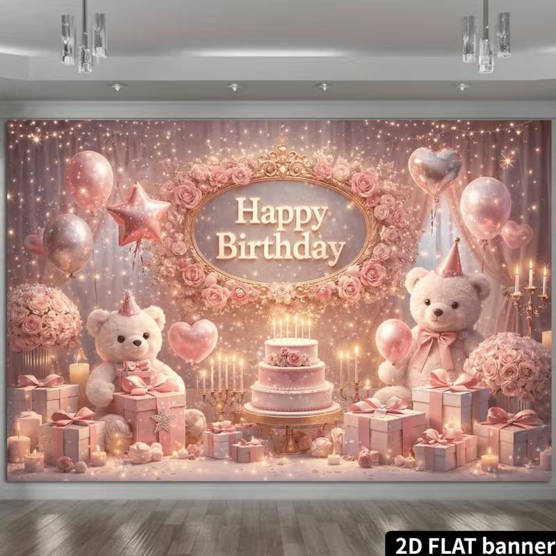 2D Elegant Pink Gold Teddy Bear Happy Birthday Photography Background Banner