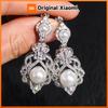 Huitan Royal Sparkling Cubic Zirconia Drop Earrings for Women Gentle Wedding Engagement Bridal Aesthetic Imitation Pearl Jewelry
