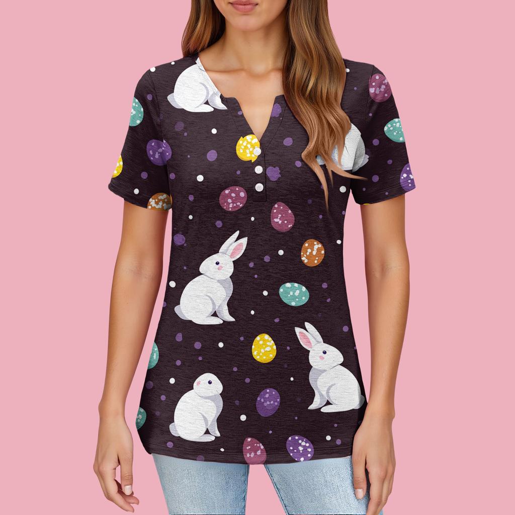Women's T Shirt Print Button Short Sleeve Daily Weekend Fashion Basic V- Neck Regular Top