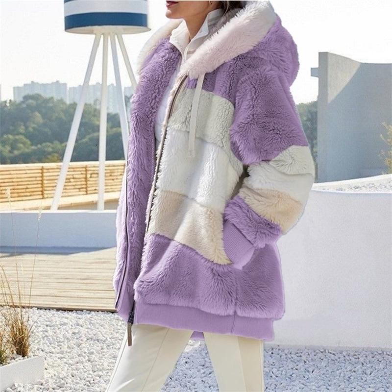 Winter Fashion Coat Ladies Warm Zipper Loose Hooded Coat Patchwork Design Large Size Thickened Outwear