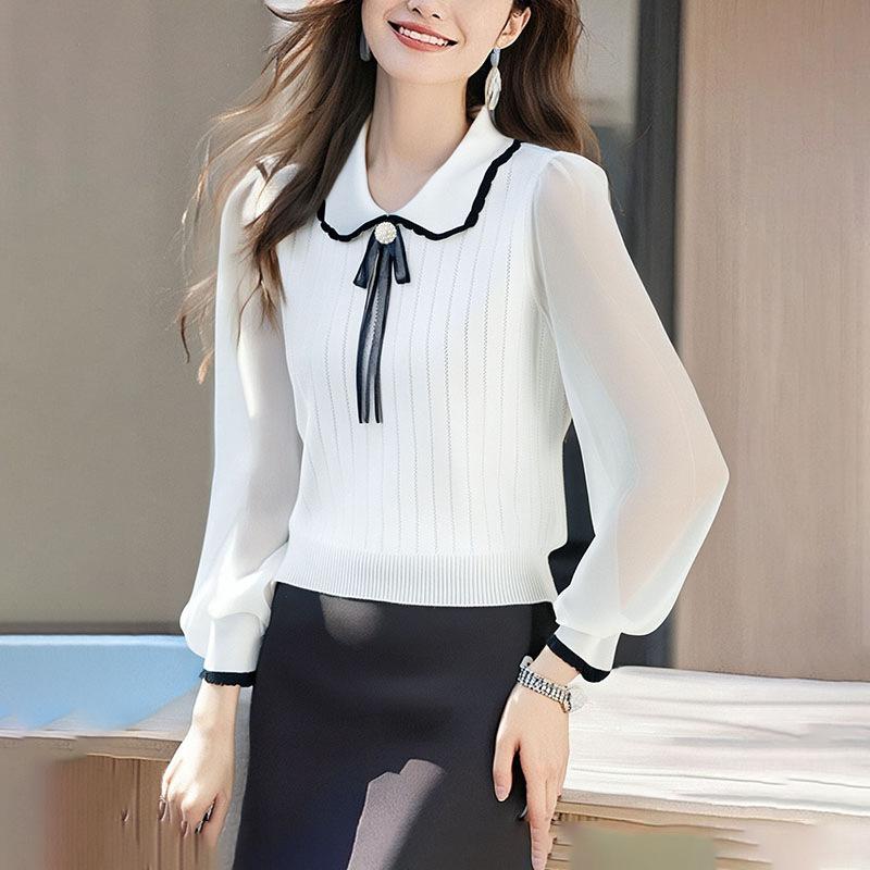 

Весенне-осенний вязаный свитер с лацканами и бантом, женский топ one size fits all белый